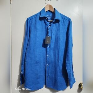 Massimo Dutti Men 100% Linen Button Down Shirt Blue Long Sleeve New Size S